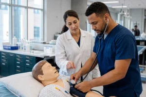 Clinical Medical Assistant student practicing patient assessment skills with an instructor